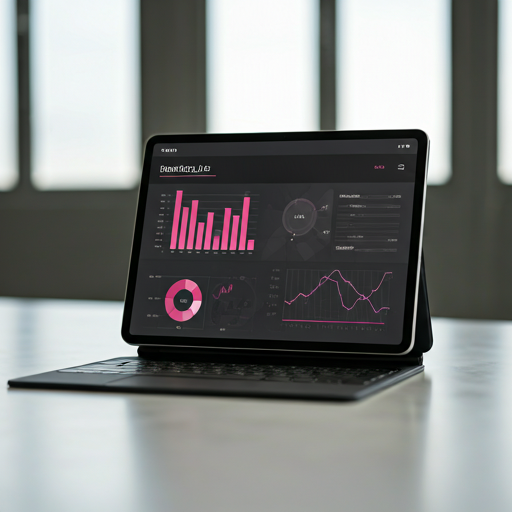 Tablet z dashboardem analitycznym nieruchomości na biurku.